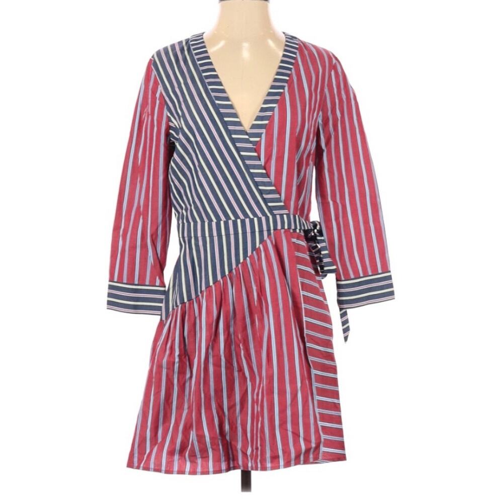 BCBGenerations casual dress relaxed cotton red blue stripes wrap style mini S